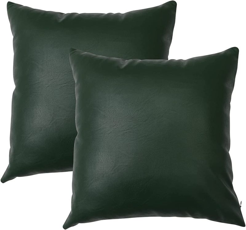 Photo 1 of ChrisDowa Set of 2 Faux Leather Throw Pillow Covers, Thick Cognac Modern Solid Decorative for Bedroom Living Room. Cushion Cases for Couch Bed Sofa.Green,18"x18"
