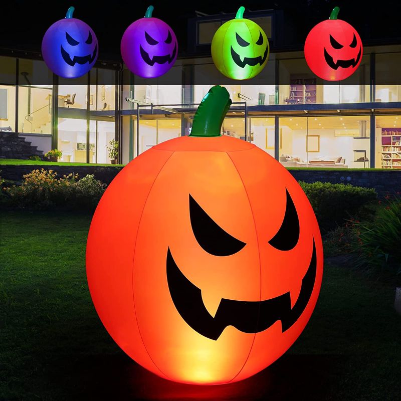 Photo 1 of Halloween Inflatables, 24 Inch Halloween Decorations Blow-Up Pumpkin with Built-in Battery Powered Remote Control Color Changing LED Light, Suitable for Indoor Outdoor Yard Party Halloween Decor