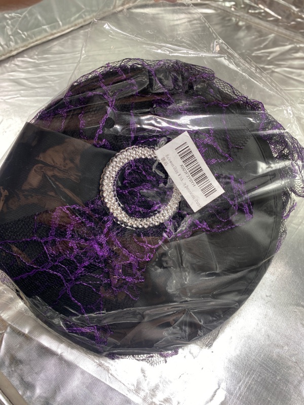 Photo 2 of Halloween Shiny Witch Hat for Women, Wicked Spiders Printed Lace Brim Cosplay Costume Carnival Party Decorations Purple