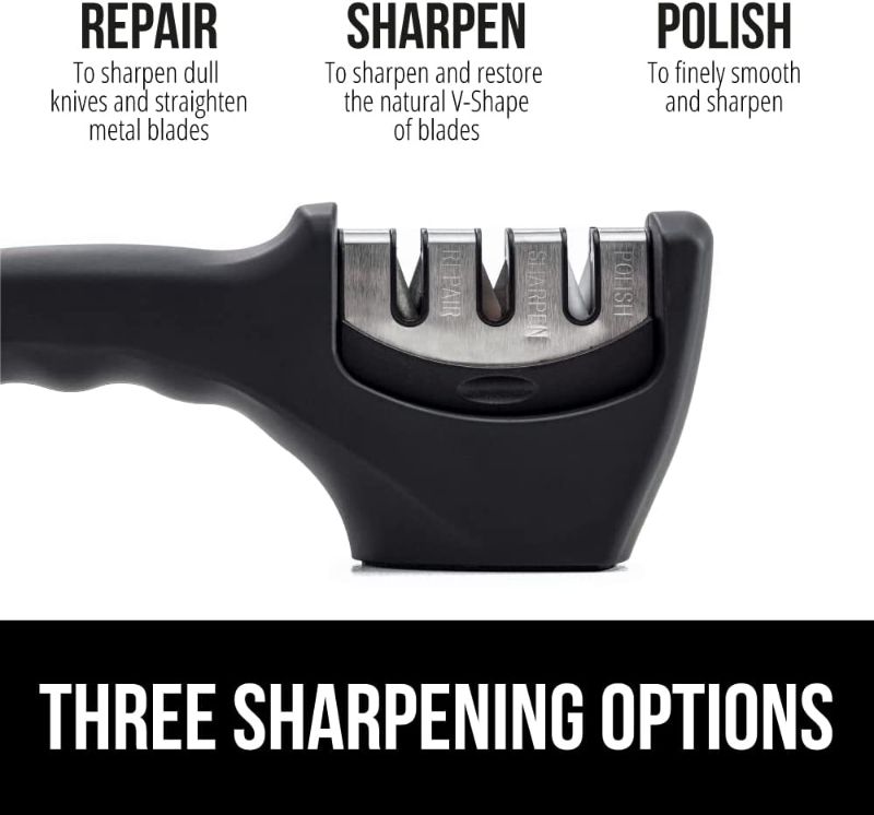 Photo 2 of Grip Easy to Use Knife Sharpener, 3 Sharpening Options to Help Polish, Sharpen and Repair Kitchen Knives, Restore Dull Blades, Slip Resistant Handle, Professional Chef Quality, Jet Black