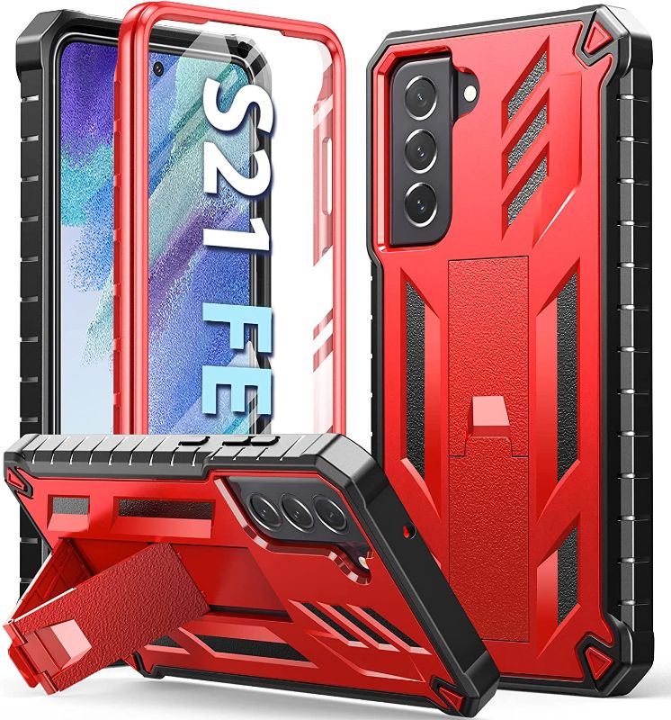 Photo 1 of for Samsung Galaxy S21 FE Case: Dual-Layer Military Grade Drop Proof Full Protection Phone Cover with Kickstand & Shockproof TPU Shell | Durable Rugged Matte Textured Protective Tough case (Red)