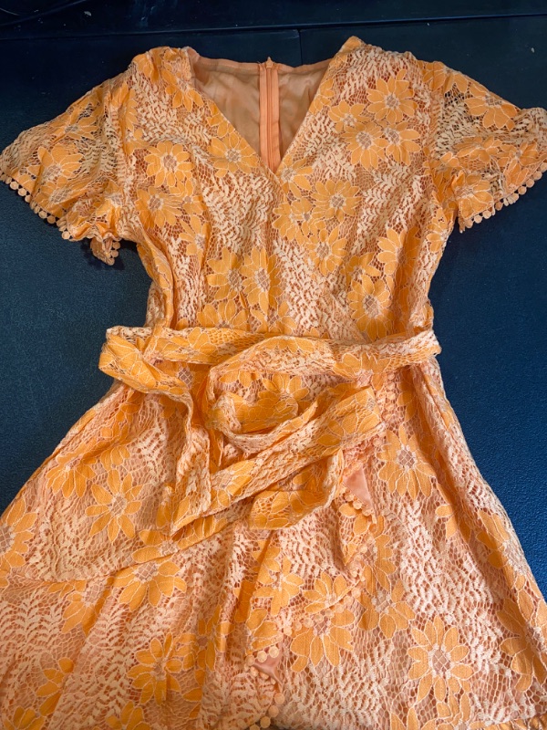 Photo 1 of FARYSAYS Womens Short Sleeve Lace Wrap Mini Dresses V Neck Ruffle Cocktail Party Wedding Dress Medium (ORANGE)