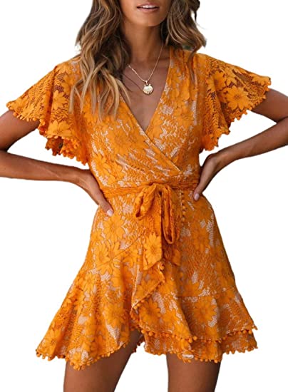 Photo 1 of FARYSAYS Womens Short Sleeve Lace Wrap Mini Dresses V Neck Ruffle Cocktail Party Wedding Dress Medium (ORANGE)