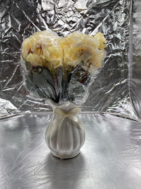 Photo 2 of Artificial Rose Bouquets with Ceramics Vase Fake Silk Rose Flowers Decoration for Table Home Office Wedding (YELLOW)