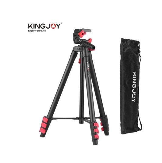 Photo 1 of KINGJOY VT-832 Portable Photography Tripod Stand Aluminum Alloy 2kg Load Capacity 1/4 Inch Screw Connector Max. Height 131cm Middle Axis with Carry Bag Black