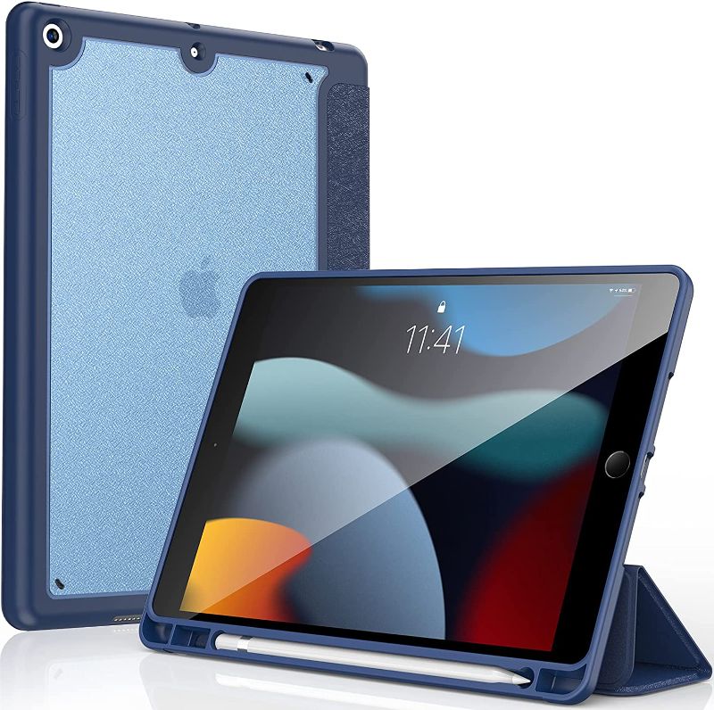Photo 1 of Bokeer Case for iPad 9th/8th/7th Generation, iPad 10.2 Case with Pencil Holer, Translucent Frosted Hard PC Back Shell, Slim Lightweight Stand Case for iPad 9th/8th/7th Generation (Dark Blue)