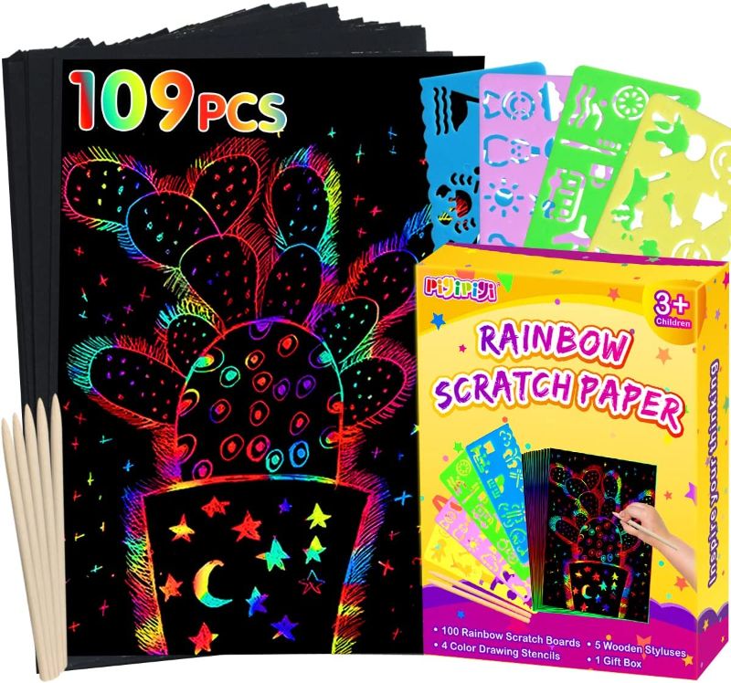 Photo 1 of pigipigi Rainbow Scratch Paper Art - 109 Pcs Magic Scratch Off Craft Kit for Kids Color Drawing Note Pad Supply for Children Girls Boys DIY Party Favor Game Activity Birthday Christmas Toy Gift Set