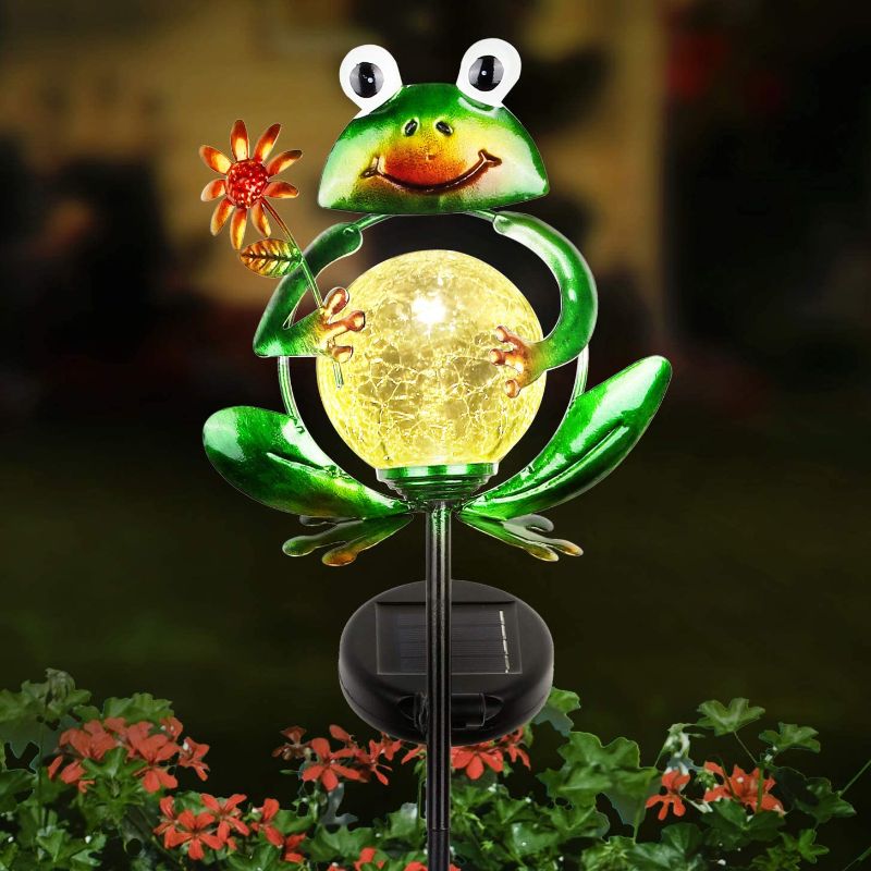 Photo 1 of Garden Solar Lights Outdoor Decorative, Metal Frog Shape, Outdoor Waterproof Stake Lights with 2 Feet, Auto ON/Off Solar Powered Light for Lawn, Backyard, Patio, Pathway