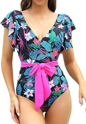 Photo 1 of Binlowis V Neck Ruffle One Piece Swimsuit Ladies Floral Print Sexy Belt Bathing Suit size large 