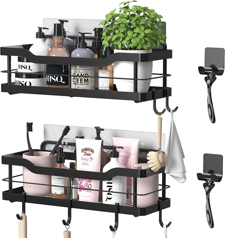 Photo 1 of Carwiner Shower Caddy Bathroom Shelf 2-Pack, Basket with 8 Hooks for Hanging Shampoo Conditioner, Stainless Steel Rack Wall Mounted Storage Organizer for Kitchen, No Drilling (Black)