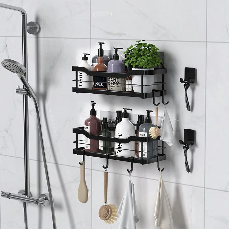 Photo 2 of Carwiner Shower Caddy Bathroom Shelf 2-Pack, Basket with 8 Hooks for Hanging Shampoo Conditioner, Stainless Steel Rack Wall Mounted Storage Organizer for Kitchen, No Drilling (Black)