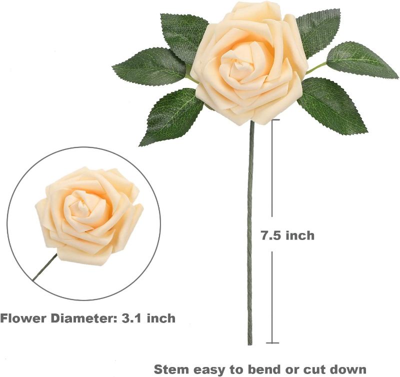 Photo 2 of  Artificial Flowers Roses 25pcs Champagne Roses Wedding Decoration Real Looking Fake Roses w/Stem for DIY Wedding Bouquets Centerpiece Arrangement Party Baby Showers Home Decoration (Champagne, 25 pcs)