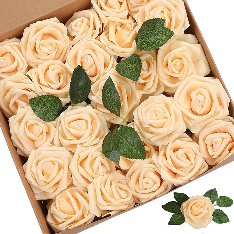 Photo 1 of  Artificial Flowers Roses 25pcs Champagne Roses Wedding Decoration Real Looking Fake Roses w/Stem for DIY Wedding Bouquets Centerpiece Arrangement Party Baby Showers Home Decoration (Champagne, 25 pcs)