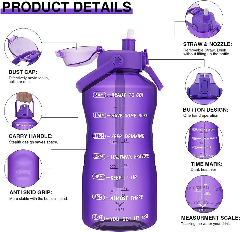 Photo 1 of  32oz/64oz/128oz Motivational Water Bottle with Time Marker & Handle, Leakproof Tritan BPA Free Water Jug Ensure You Drink Enough Water Daily for Fitness, Gym and Outdoor
