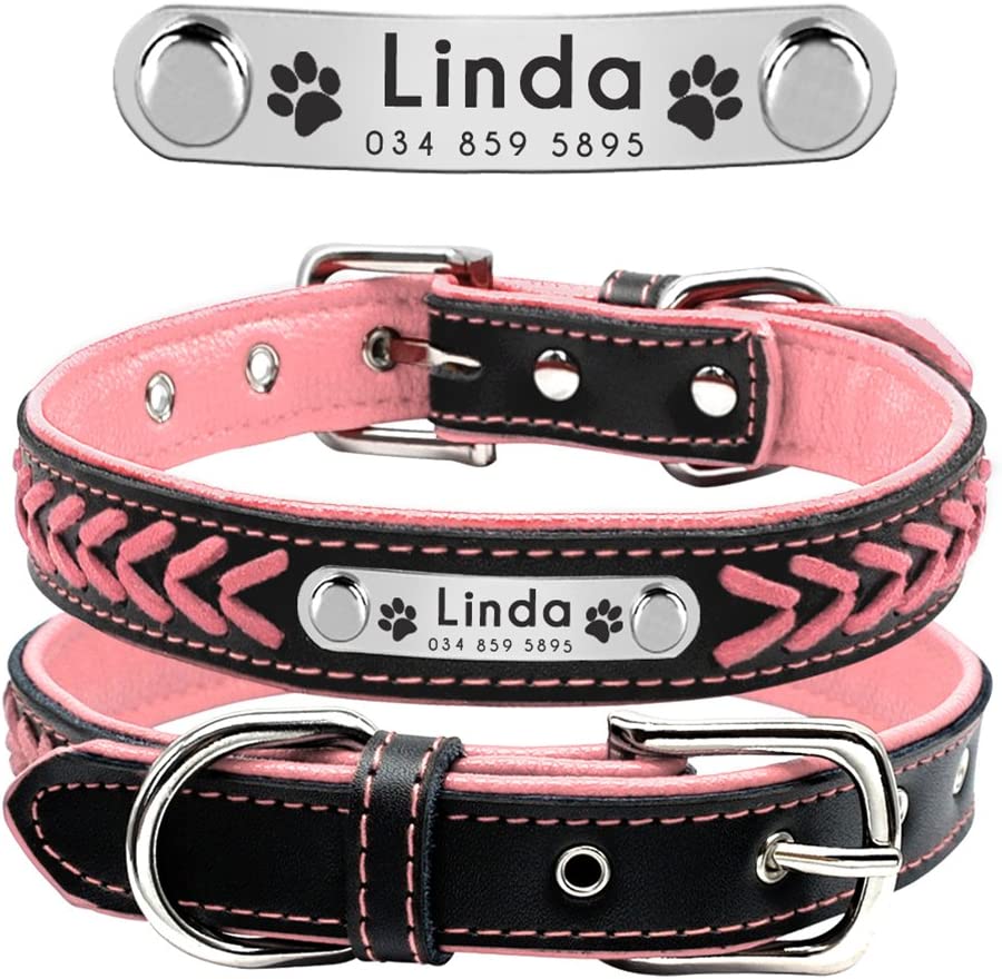 Photo 1 of Leather Dog Collar Persoanzlied Engraved Dog Puppy Collar Customized Pet ID Tag Collar Free Engraving For 