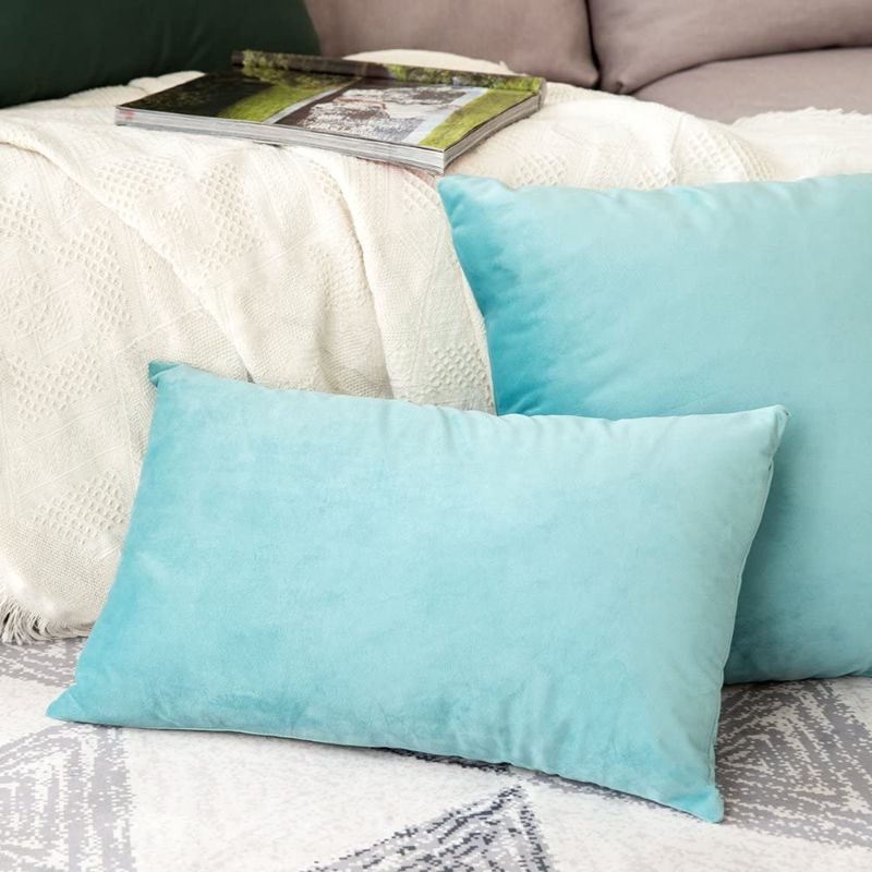 Photo 2 of Pack of 2, Velvet Soft Solid Decorative Square Throw Pillow Covers Set Cushion Case for Sofa Bedroom Car 12 x 20 Inch 30 x 50 Cm Aqua Green