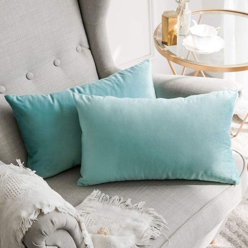 Photo 1 of Pack of 2, Velvet Soft Solid Decorative Square Throw Pillow Covers Set Cushion Case for Sofa Bedroom Car 12 x 20 Inch 30 x 50 Cm Aqua Green