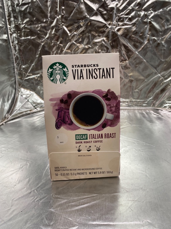 Photo 1 of Starbucks VIA Instant Coffee—Dark Roast Coffee—Decaf Italian Roast—100% Arabica—1 box (50 packets) Decaf Italian 50 Count (Pack of 1)