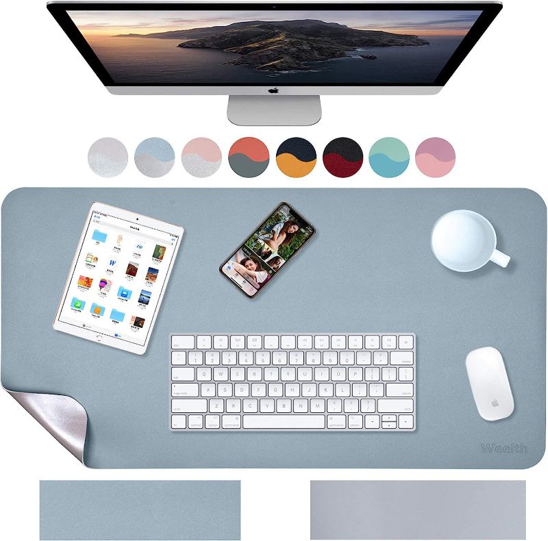 Photo 1 of Weelth Multifunctional Office Desk Pad, Waterproof Desk Pad Protector PU Leather Dual-Sided Desk Writing Pad for Office/Home (Light Blue/Sliver, 23.6" x 13.7") Light Blue/Sliver 23.6" x 13.7"