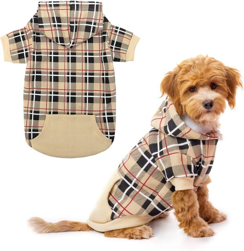 Photo 1 of Plaid Dog Hoodie - British Style Soft and Warm Dog Sweater with Leash Hole, Hooded Cold Weather Clothes, Dog Sweatshirt, Outfits, Winter Coat for Small Medium Large Dogs