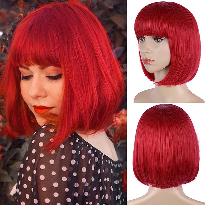 Photo 1 of Red Bob Wig - Short Red Straight Bob Wigs with Bangs for Women, Colorful Short Hair Wig, Cute Synthetic Wig for Cosplay, Daily, Halloween?12inch?