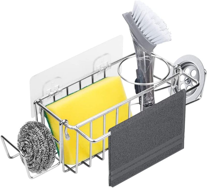 Photo 1 of Sponge Holder for Kitchen Sink?5-in-1 Adhesive Kitchen Sink Caddy,Stainless Steel Sponge Holder+Dish Cloth Hanger+Brush Holder+ Soap Rack + Sink Stopper Holder, No Drilling