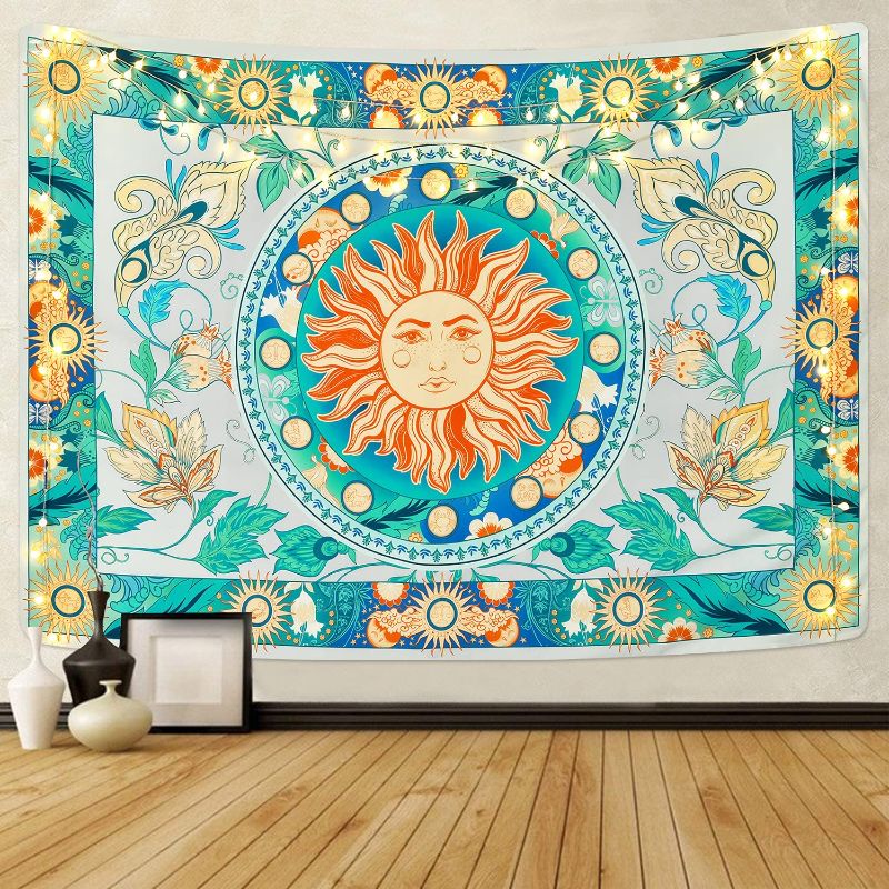 Photo 1 of Lyacmy Burning Sun Tapestry Flower Vines Tapestries Vintage Floral Tapestry Mystic Tapestry Hippie Tapestry Wall Hanging for Room(Pale Cerulean, 59.1 x 59.1 inches)