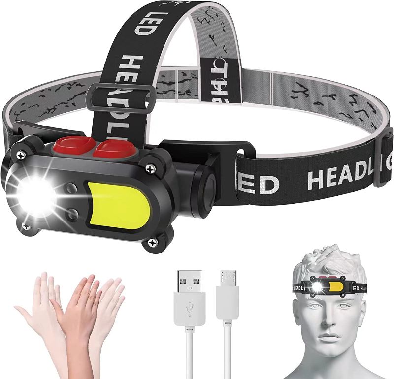 Photo 1 of Headlamp Rechargeable, Head Lamp LED with Motion Sensor for Adults,Head Flashlight IPX4 Waterproof Adjustable Headband 1800mAh Battery Operated Head Light for Outdoor