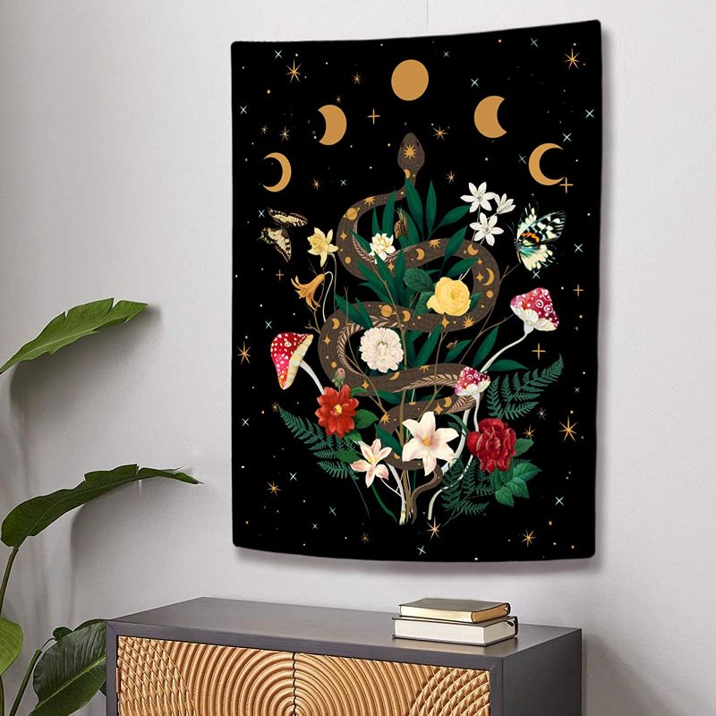 Photo 1 of Accnicc Floral Snake Moon Tapestry Vertical Flower Stars Butterfly Black Tapestry Wall Hanging Colorful Wildflowers Aesthetic Wall Tapestries for Bedroom Dorm Living Room (Black, 44'' × 60'')