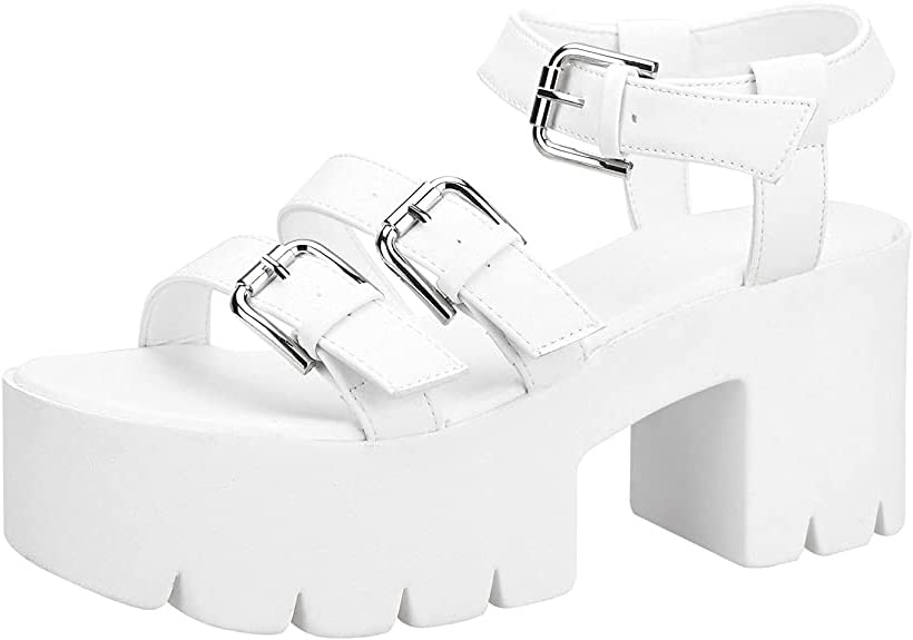 Photo 1 of READYSALTED Women's Cleated Chunky Platform Sandals in Open Toe Ankle Strap Block Heel(JAFFA) 8 Jaffa30-white