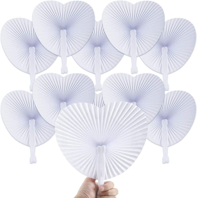 Photo 1 of  60 Pack Folding Handheld Fans Paper White Wedding Heart Shaped Accordion Fans Assortment with Plastic Handle for Birthday Party Favors Kids Supplies(Heart)