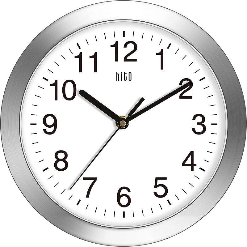 Photo 1 of  HITO 10 Inch Silent Wall Clock Battery Operated Non Ticking Glass Cover Silver Aluminum Frame, for Kitchen, Bedroom, Home Office, Living Room Decor