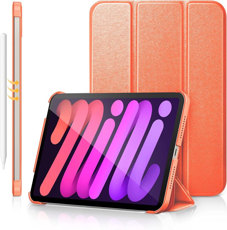 Photo 1 of DTTO for iPad Mini 6 Case 2021, Premium Silk Pattern Slim Trifold Stand Cover[Support 2nd Gen Apple Pencil Charging] - Smart Auto Wake/Sleep Shell with Protective Hard Back(8.3 inch), Orange