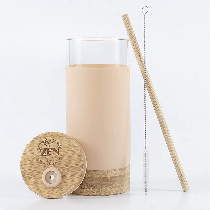 Photo 1 of Zen Gaia 20oz. Glass Tumbler With Silicone Protective Sleeve and Bamboo Base, Bamboo Lid & Straw. 20OZ/610ML COLOR BLACK 