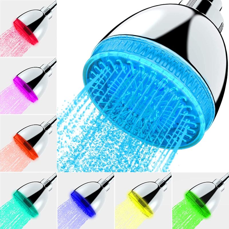 Photo 1 of LED Shower Head, Shower Head with Light, 7 Color Flash Light Automatically Changing LED Fixed Showerhead for Bathroom Adjustable High Pressure Rain Shower Head Light up for Kid Adult Easy Installation
