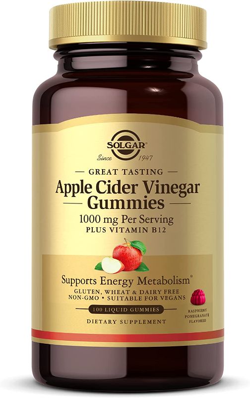 Photo 1 of Solgar Apple Cider Vinegar 1000 mg Gummies, Great-Tasting Apple Raspberry Pomegranate Flavor, No Vinegar Taste, Plus Vitamin B12, Supports Energy Metabolism, Non-GMO & Vegan, 100 Count