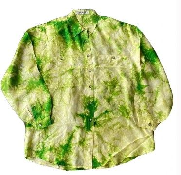 Photo 1 of Tie Dye Green Long Sleeve Button Up Shirt Sz Med 100% Silk Shoulder Pads Pockets