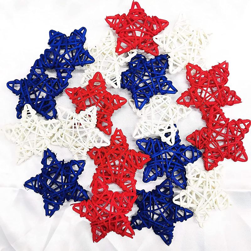 Photo 1 of 24pcs 4th of July Star Rattan Decoration, Red Blue White Stars for 4th of July Independence Day Home Decor DIY Craft Vase Bowl Filler Table Decoration
