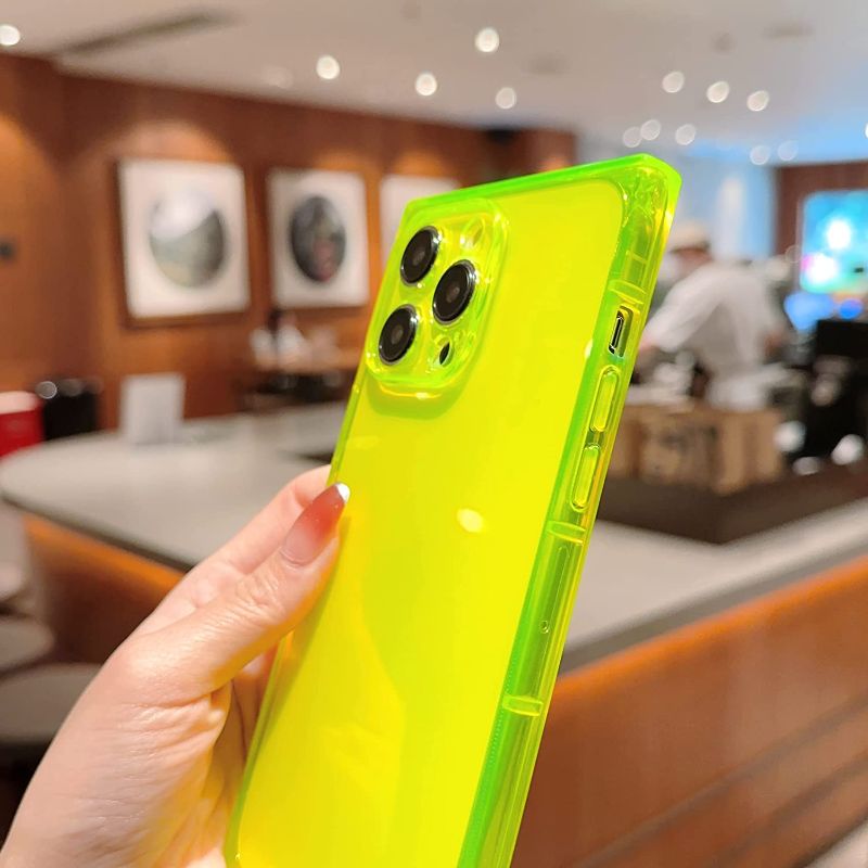 Photo 2 of  Square Neon Case for iPhone 14 Pro,Precision Hole Camera Protection,Soft TPU Protective Shockproof Cover for iPhone 14 Pro 2022 6.1 Inch-Fluorescent Green