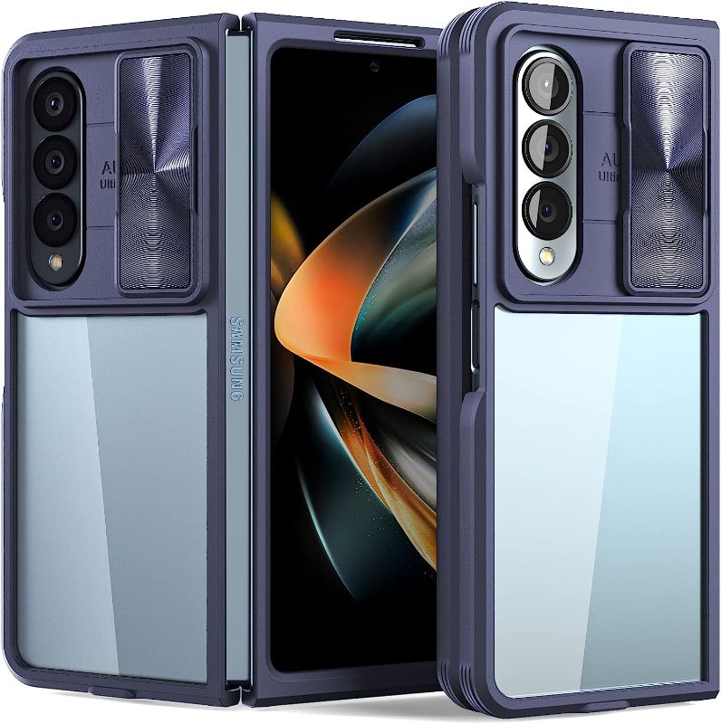 Photo 1 of Samsung Galaxy Z Fold 4 Clear Case. Sliding Lens Protection, TPU & PC Combination, Transparent, Shockproof Cover for Samsung Z Fold 4 case 2022 Blue & Clear