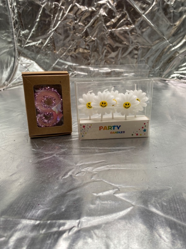 Photo 3 of 2.95 Inch Birthday Number Candles, Glitter Pink Number Candles Cake Topper Butterfly Birthday Candles with Sequins for Anniversary Celebrations Supplies (Number 9) AND CheeseandU 5Pcs/Set Daisy Birthday Candles Cute Sunflower with Smile Face Birthday Cand