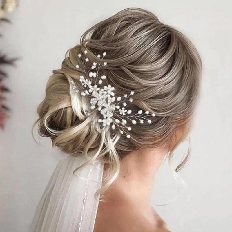 Photo 1 of Pearl Bride Wedding Hair Comb Silver Crystal Bridal Hair Piece Flower Hair Accessories for Women and Girls look at photos