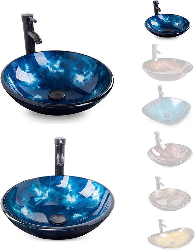 Photo 2 of ELECWISH Bathroom Round Vessel Sink Ocean Blue Tempered Glass Above Top Hand Painting Artistic Sink with Faucet Pop Up Drain Mounting Ring