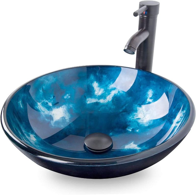 Photo 1 of ELECWISH Bathroom Round Vessel Sink Ocean Blue Tempered Glass Above Top Hand Painting Artistic Sink with Faucet Pop Up Drain Mounting Ring