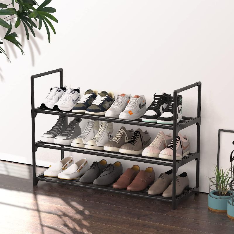 Photo 1 of 3-Tier Stackable Shoe Rack, Metal Shoe Shelf, 12 to 15 Pairs Shoes, Stackable Shoe Tower for Living Room,Closet, Entryway, Hallway, (Black)