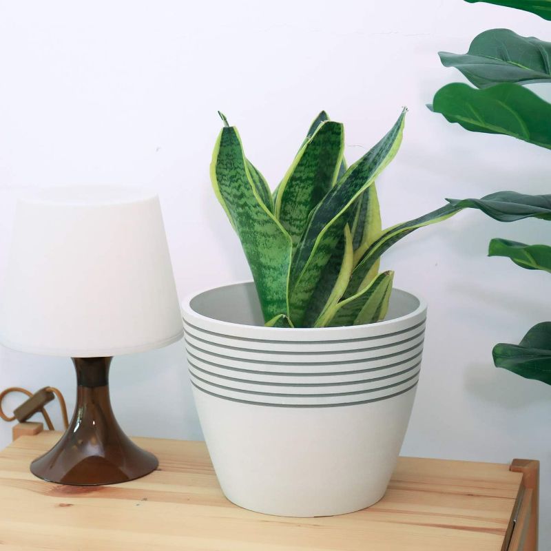 Photo 1 of LA JOLIE MUSE Indoor Planter Flower Pot - Plant Pots for Indoor and Outdoor Plants, Contemporary Chic Planter with Stripe Pattern, 9.4 Inch, White & Slate Gray