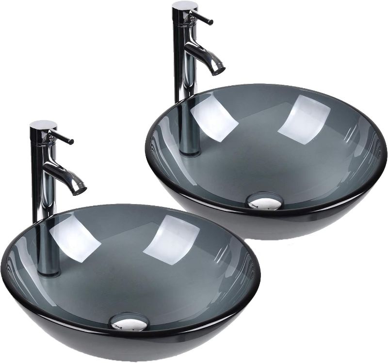 Photo 1 of Glass Bathroom Grey Vessel Sink with Faucet,set of 2