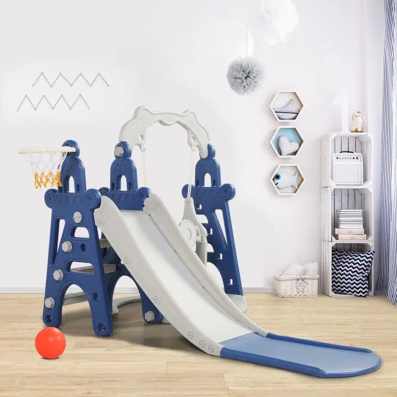 Photo 1 of Nyeekoy 4-In-1 Toddler Extra-Long Slide and Swing Outdoor Playset, Kids Indoor Playground Baby Climber Slide Toy with Basketball Hoop, Blue+Gray