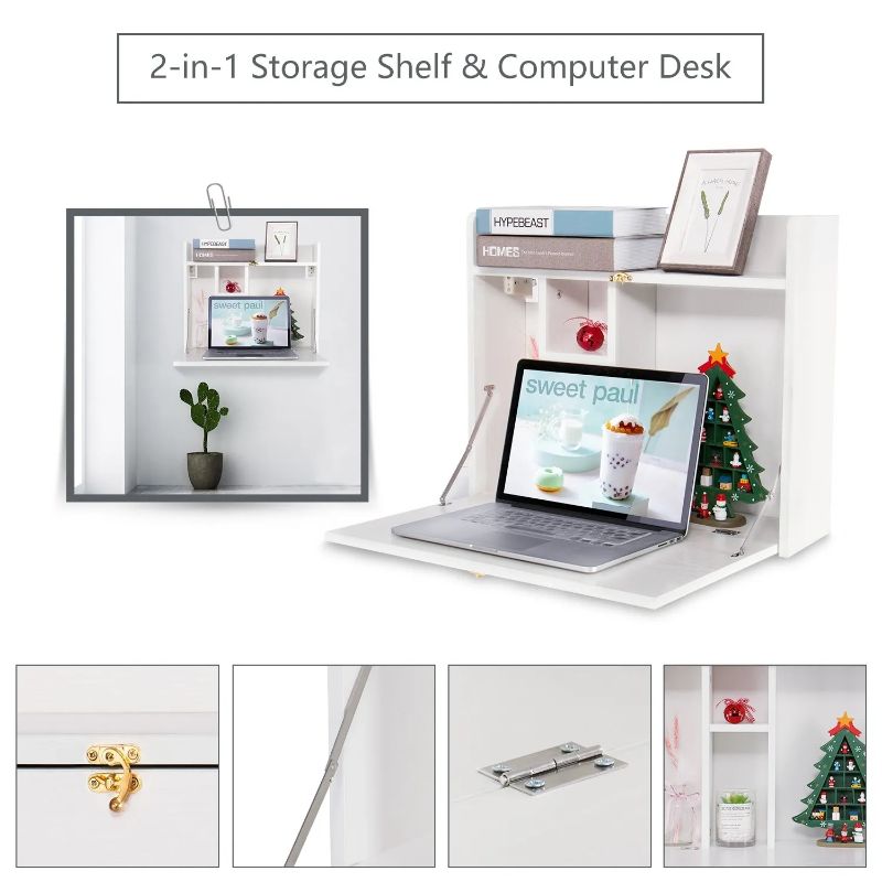 Photo 1 of Computer Desk Work Table Floating Folding Wall Mount Home Office Storage Shelves White