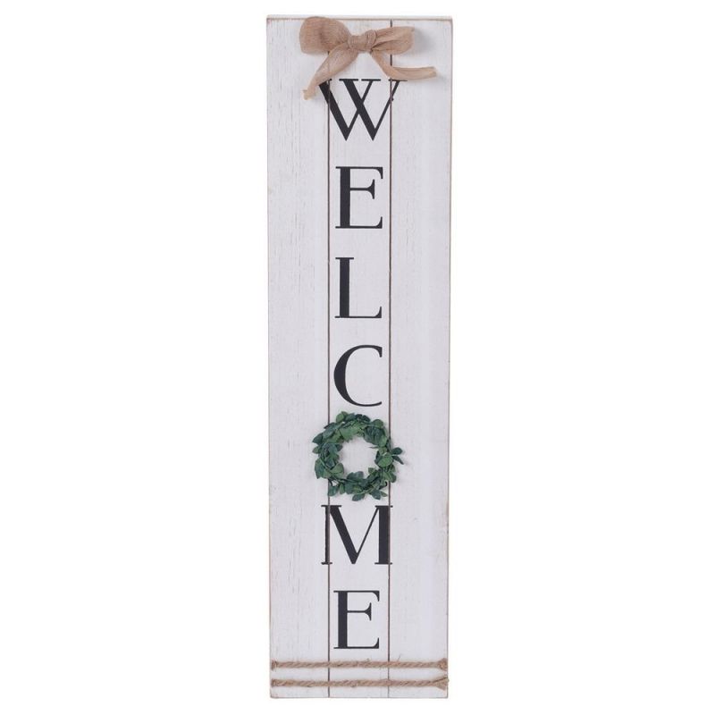 Photo 1 of Vertical Whitewashed Wood Welcome Wall Plaque with Green Wreath Decor, Modern Farmhouse Wall Decor for Porch, Front Door